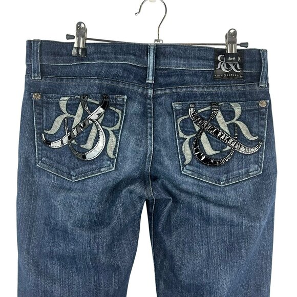 Rock &‎ Republic Kassandra Boot Cut Jeans Women 27 Dark Blue Wash Bling Pockets - Picture 1 of 9